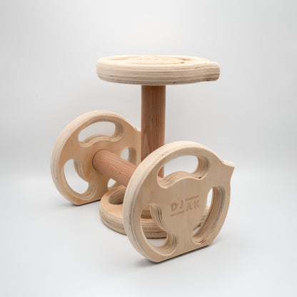 Wooden dumbbell parallettes for calisthenics training - close-up view