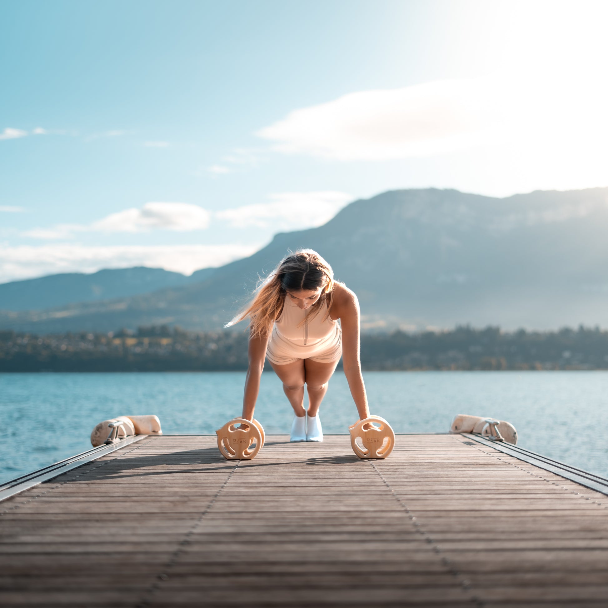 DJAK wooden dumbbell parallettes - side angle view showing craftsmanship