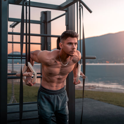 Wooden gymnastic rings parallettes - detail shot showing ring design