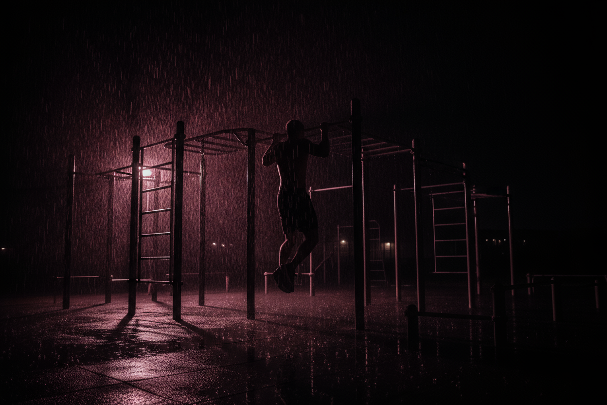 Generate an image of someone working out in an outdoor calisthenics park, in the rain, in the dark, with obscuur lighting. Make sure there is some color F214166. The darkness should come from that colour, maybe mixed with black. Ensure that the person is doning a pull up on a pull up bar in the park